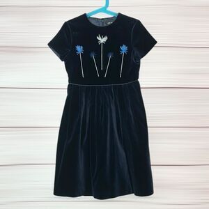 DAVID CHARLES Dark Blue Cotton Velvet Dress Floral Embroidery England sz 7